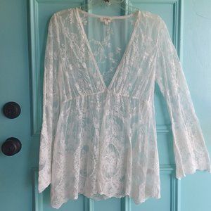 Umgee sheer floral lace embroidered v-neck flared sleeves beach cover up